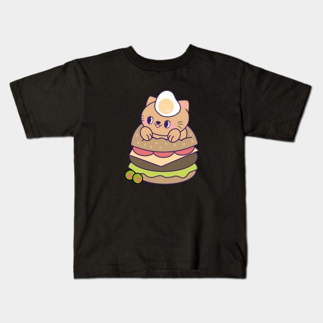 Cute Kawaii Cat in a Cheeseburger Kids T-Shirt by MedleyDesigns67